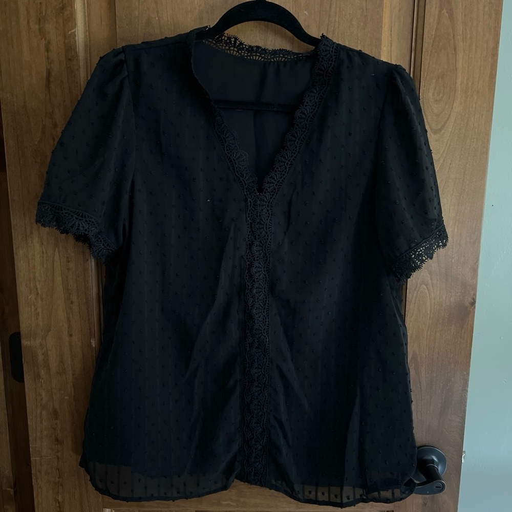 Classic Black Lace-Trim Short Sleeve Blouse